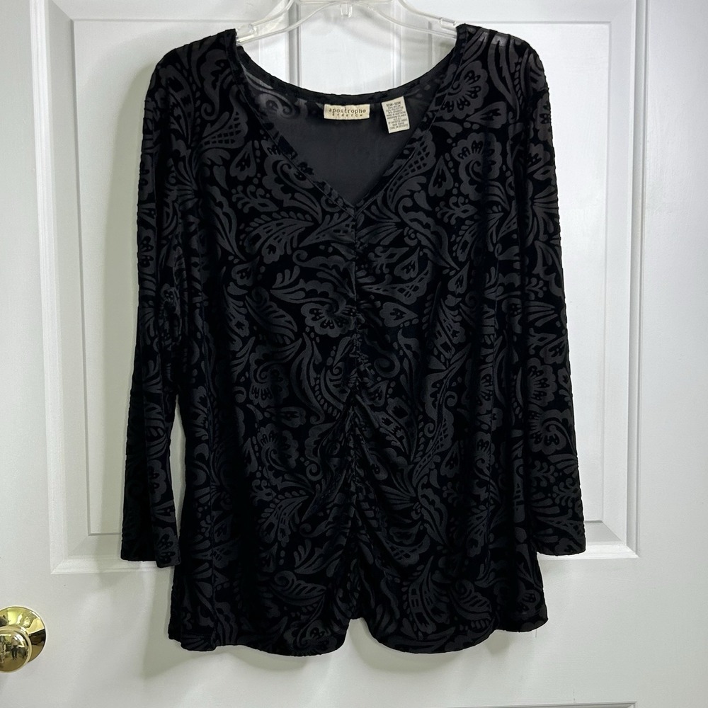 apostrophe Burn Out Velour Top Womens 16W-18W Ruched Front V Neck 3/4 Sleeve Y2K